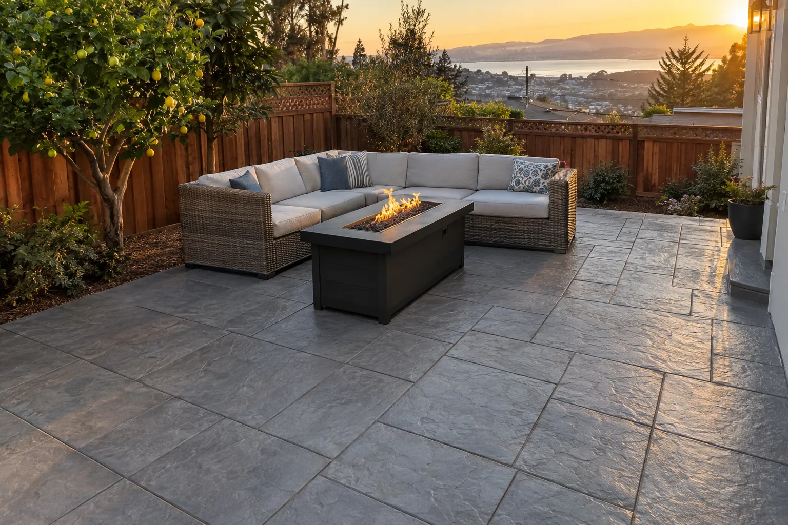 Stamped concrete patio in a Richmond, CA backyard